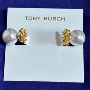 TORY BURCH GOLD KIRA LOGO PEARL BACKING EARRINGS